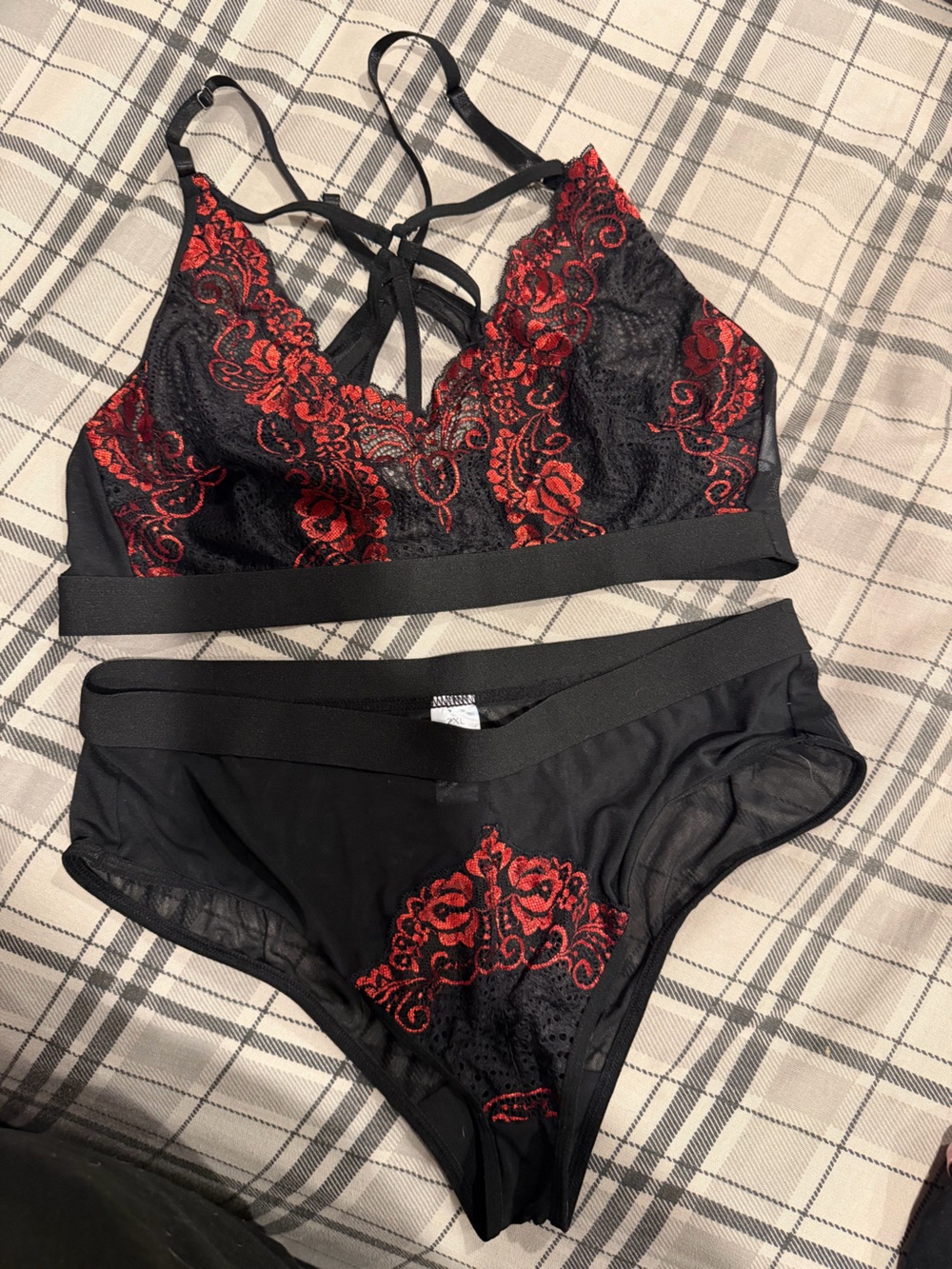 Black Lace Bralette set with Red Floral Embroidery